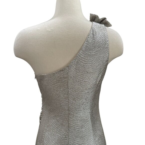 David Meister Silver One Shoulder Gown Formal Dress 8 Ruched Metallic Glam - Picture 10 of 12